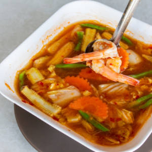 Hot and sour soup with shrimp and mixed vegetables